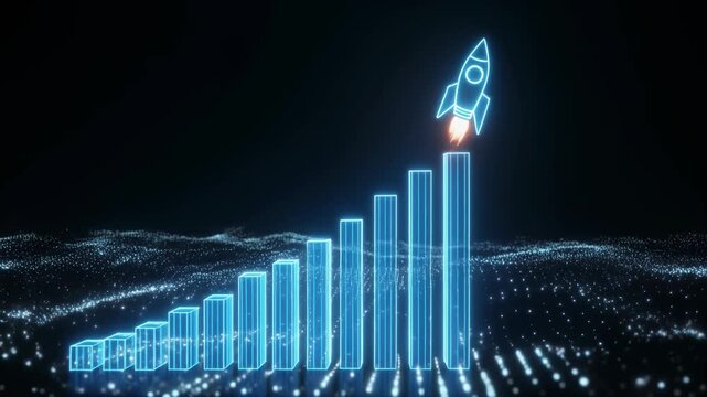 Futuristic Business Growth Chart with Rocket Launching Upwards Symbolizing Success.