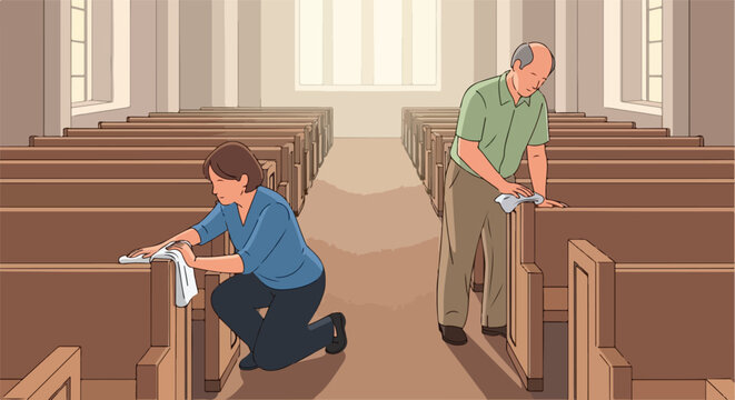Two people clean wooden pews in a brightly lit church interior