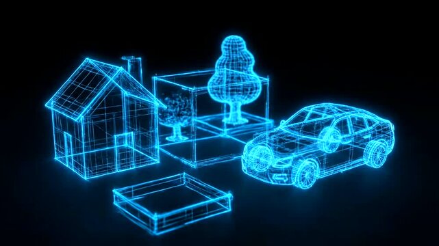 Neon blue wireframe 3D objects technology.