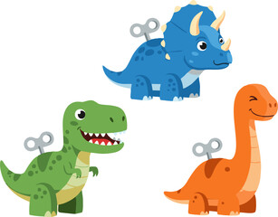 Fototapeta premium Cute cartoon wind-up toy dinosaur characters collection with funny faces