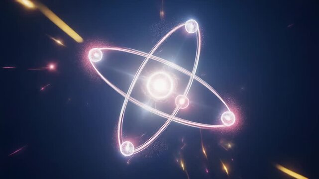 Glowing atom model with orbiting electrons representing atomic structure and energy in physics and science
