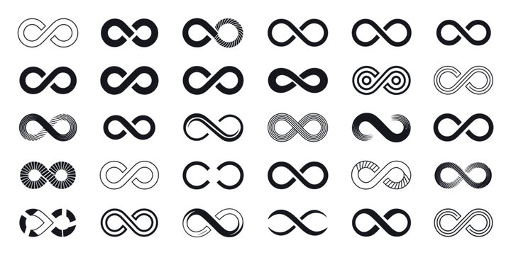 Infinity icon collection with endless and unlimited symbols in clean vector style isolated for branding graphics
