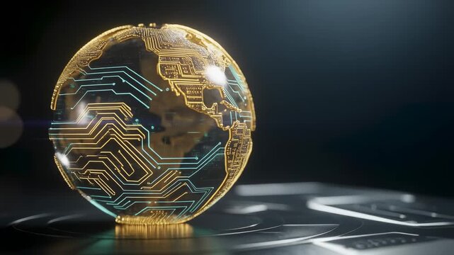 Digital globe with golden circuit board design representing global technology and innovation concept