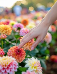 Fototapeta premium Woman's Hand Gently Touching Vibrant Dahlia Flower in Garden