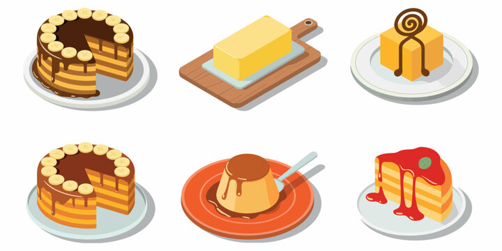 Isometric sweets set with chocolate cake banana cake pudding cheesecake and butter block in vector design
