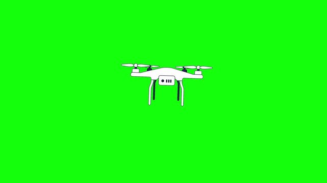 A white 2D vector illustration of a quadcopter drone with four propellers and landing gear, flat design style, black outlines, isolated on a solid bright green chroma key background.