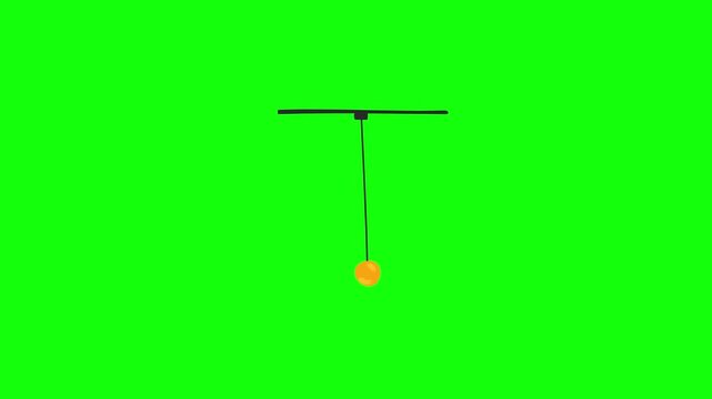 A simple 2D animation of a yellow ball hanging from a black rod swinging back and forth like a pendulum. Isolated on a bright green screen background.
