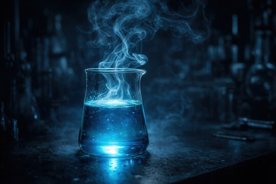 Glowing Blue Chemical Vapor Rising From Laboratory Flask
