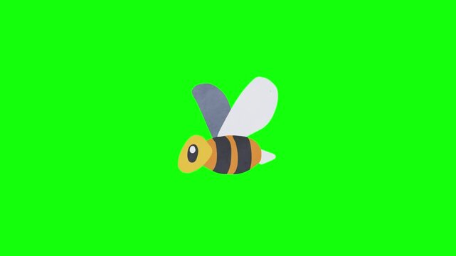 A flat vector illustration of a cartoon bee hovering in place with flapping wings, isolated on a bright green screen background. 2D animation loop.