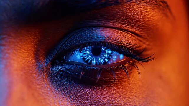 A close-up of a human eye with blue iris and brown skin, lit with orange and blue hues