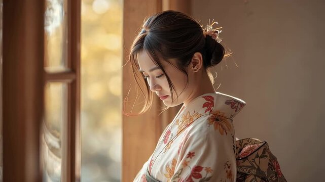 窓辺の柔らかな光の中で着物姿の日本人女性が静かに微笑む