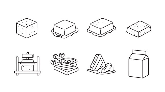 Cheese Making Process Icons: Curds Press Slices Cubes Milk Carton