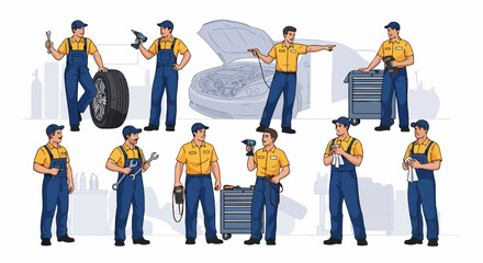Obraz premium Collection of professional car mechanics in yellow and blue uniforms with various tools and equipment for auto repair service illustrations.