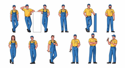 Fototapeta premium Vector illustration set of male and female mechanics in yellow shirts and blue overalls posing with tools and a blank sign.