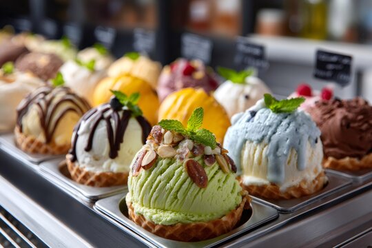 Assorted gelato scoops serving in waffle bowls
