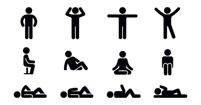 Black and white vector icon set of people silhouettes stick figures in various poses for social design