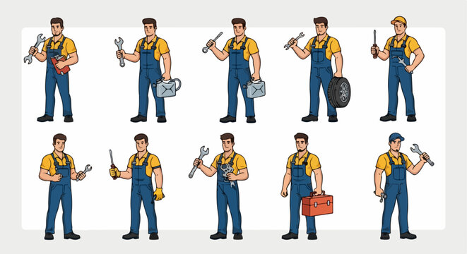 Collection of Mechanic Characters in Various Poses Holding Tools Like Wrenches, Screwdrivers, and Toolbox for Repair and Service Concepts