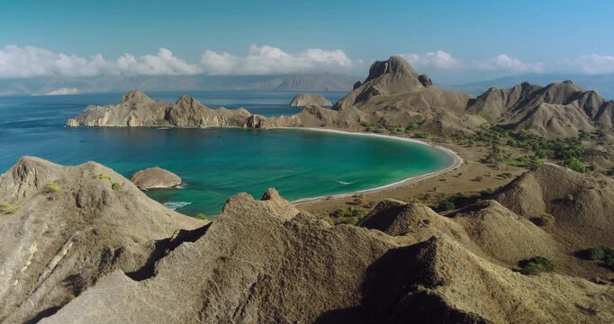 Drone Aerial View of Padar Island Coastline and Hills Indonesia