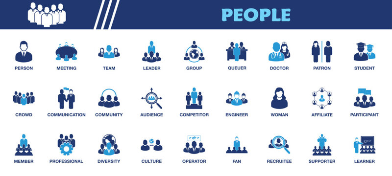 People Icon Set. Collection of Person, Crowd, Community, Meeting, Team, Participant, Member, Supporter, Leader, Group, Doctor, Engineer, Student, and More Icons. Editable Flat Vector Illustration.