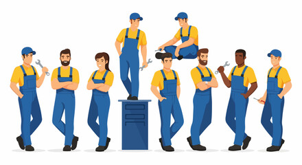 Obraz premium Vector illustration set of multiethnic professional mechanics and repairmen in blue overalls and yellow shirts holding tools on white background.