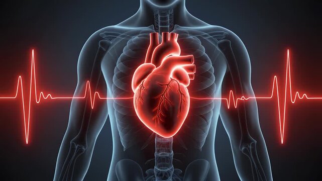 Human body illustration shows a glowing red heart with ECG line