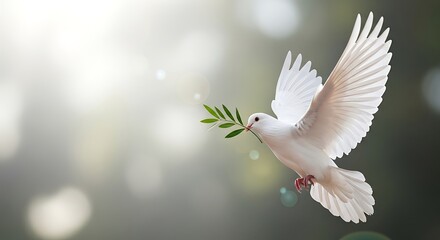 Fototapeta premium White dove carrying an olive branch in peaceful flight over soft bokeh background.