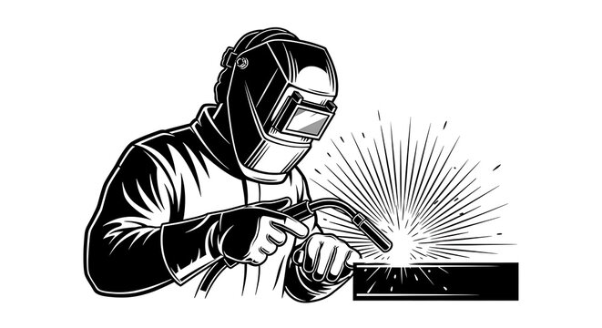 Black and white illustration of a welder welding metal parts.