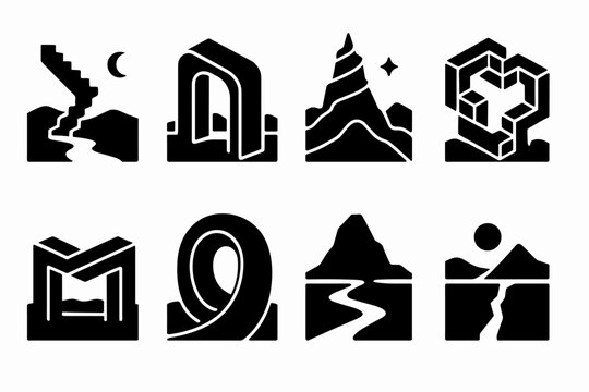 Surreal Geometry Icons. Surreal landscapes with impossible geometry. Filled icon set of surreal landscapes