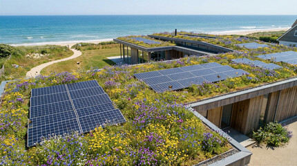 Fototapeta premium Solar green roof coastal house overlooking the ocean with a wildflower meadow and sustainable technology for energy efficiency