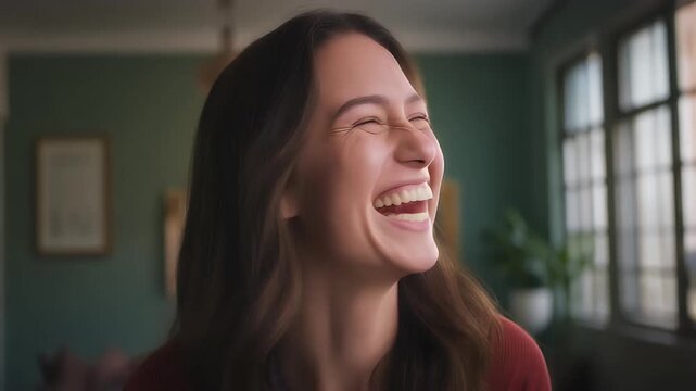 Laughing Young Woman Expressing Genuine Mirth in Indoor Portrait