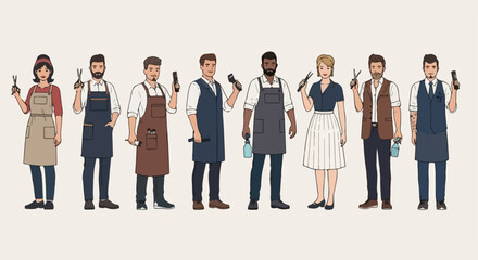 Obraz premium A diverse group of professional barbers and hair stylists standing with various grooming tools in a flat illustration style.