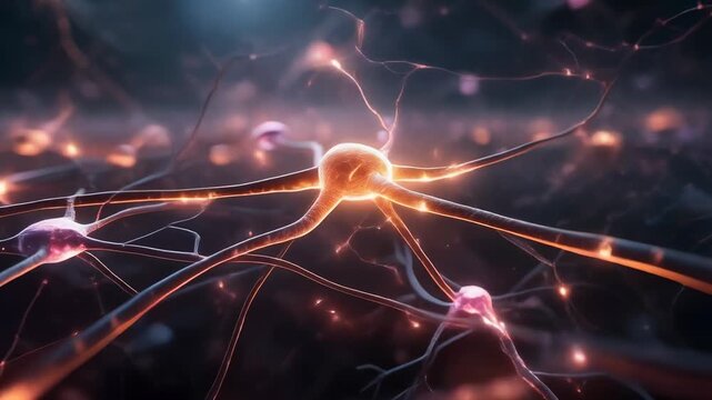 Close up of glowing neural network connections inside the brain with electric impulses and synapses