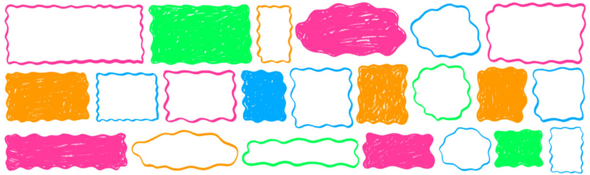 Modern shape and rectangle form a frame, organic and wavy curves flow near square, doodle border and crayon texture enrich shape and rectangle frame.