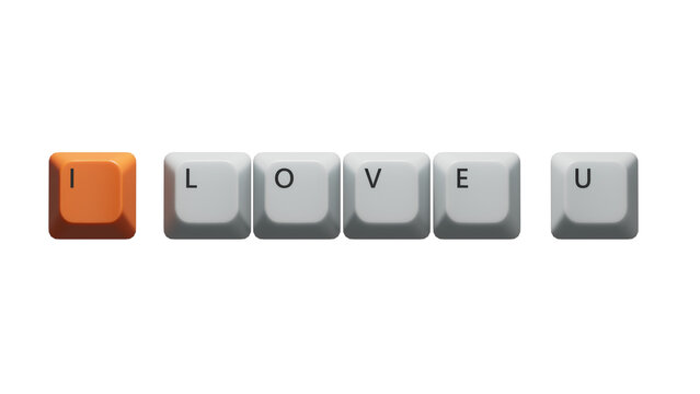 i love you.Computer keyboard keys spelling.Flat lay view from above on blue background with computer keyboard keys buttons.IT technology concept.Supports PNG files