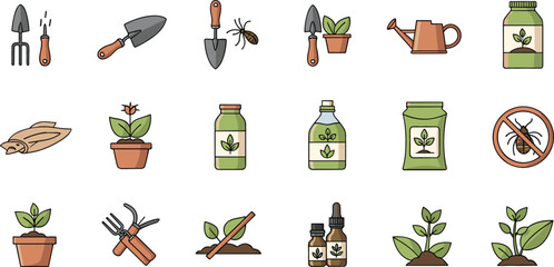 Gardening Tools and Organic Plant Care with Pots, Watering Cans, Pest Control, and Planting Essentials Illustration