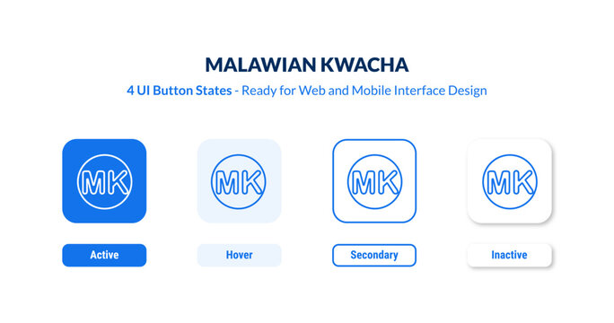 malawian kwacha UI button states set. Outline icon kit from africa collection. Thin linear malawian kwacha, financial, malawi editable vector. Line vector malawian kwacha sign for web and mobile