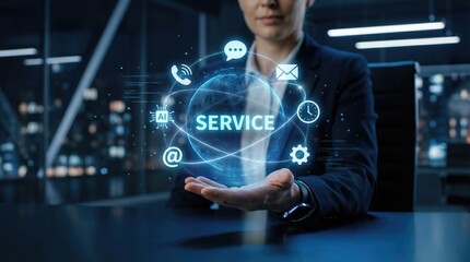 Fototapeta premium Professional woman holding a glowing blue holographic globe with 'SERVICE' text and orbiting communication icons, symbolizing global customer support and digital business solutions.