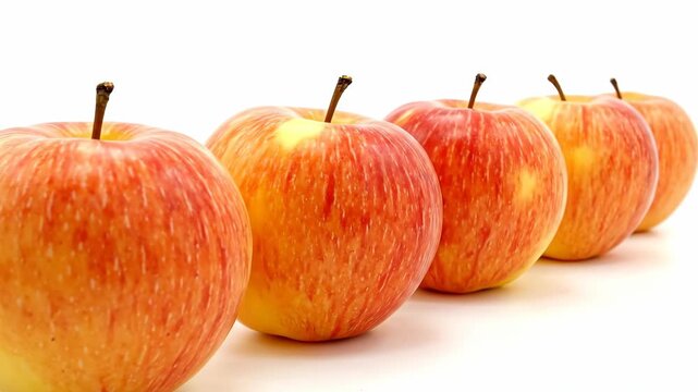 A mouthwatering close-up showcases a row of Jonagold apples against a crisp white background, perfect for advertising healthy snacks, dietary choices, or illustrating fruit variety.