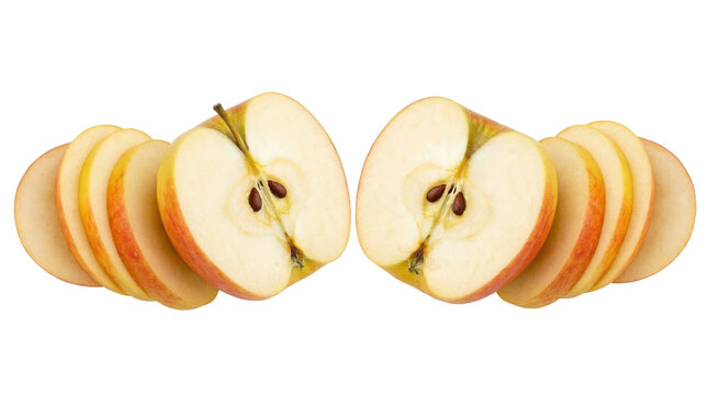 Symmetrical Arrangement of a Jonagold Apple Displaying a Sliced Apple, Apple Halves, and Individual Apple Slices on a Transparent Backdrop, Showcasing the Fruit's Texture and Color.
