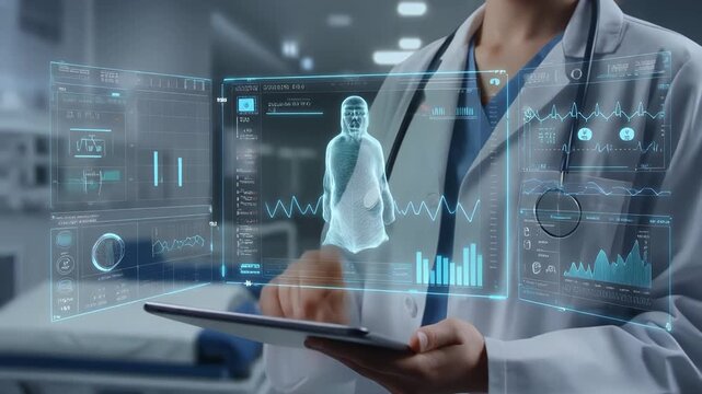 Doctor in a hospital room examines a digital tablet with a virtual human body and medical data displayed