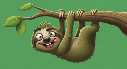 Fototapeta premium Cartoon Sloth Hanging from Tree Branch with Green Background