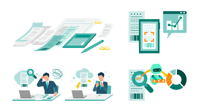 AI powered receipt scanning illustration set showing OCR automation, expense management and digital invoice processing for modern business workflow