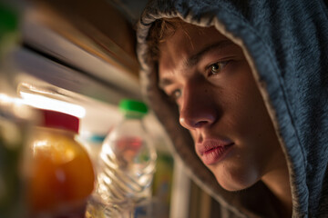 Fototapeta premium Young male teenager in gray hoodie gazes intently into an open refrigerator, illuminated by soft light, with various bottles and containers visible inside