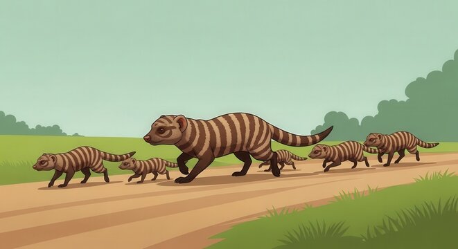 Illustration of a Zebras and a Big Cat Walking on a Path in a Natural Environment