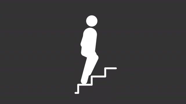 Person going upstairs white glyph stickman animation. Career ladder. Personal development. Steps to success. Dynamic stick figure isolated on black background. Animated solid silhouette motion