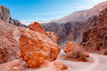 Charyn Canyon, Valley of Castles. The excellence of Kazakhstan. Panorama of natural unusual landscape. The red canyon of extraordinary beauty looks like a Martian landscape. © Vera