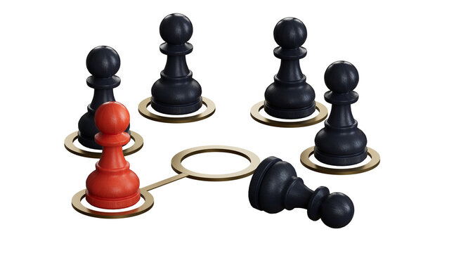 3d illustration of a broken black pawn surrounded by entire ones. Concept of organizational restructuring.Supports PNG files with transparent backgrounds.