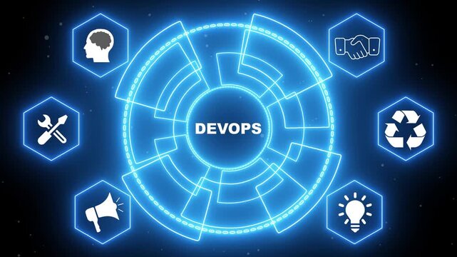 Digital illustration of Dev Ops concept with interconnected icons and glowing circular interface DevOps