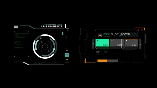 Animated futuristic digital dashboard and control panel. Designed to be looped and isolated on a black background for design elements.