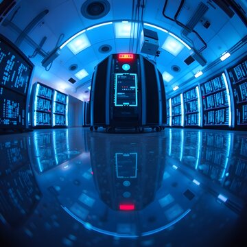 high quality, stock photo, floating binary data streams, server room reflected in wet floor, fisheye lens distortion of circular room perspective, cool blue and cyan LED lighting, clinical, with a sin